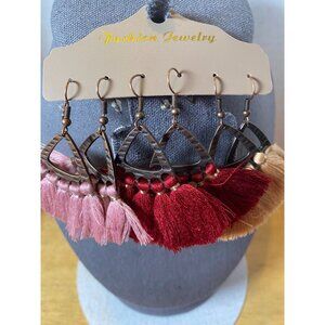 New Fashion Jewelry Set of 3 Tassel Hanging Earrings Pink Rust & Cream